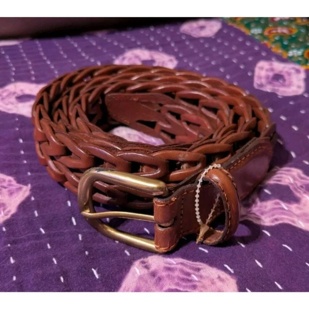Size 42 Brighton Mens Leather Braided Woven Leather Belt Brown Solid Brass